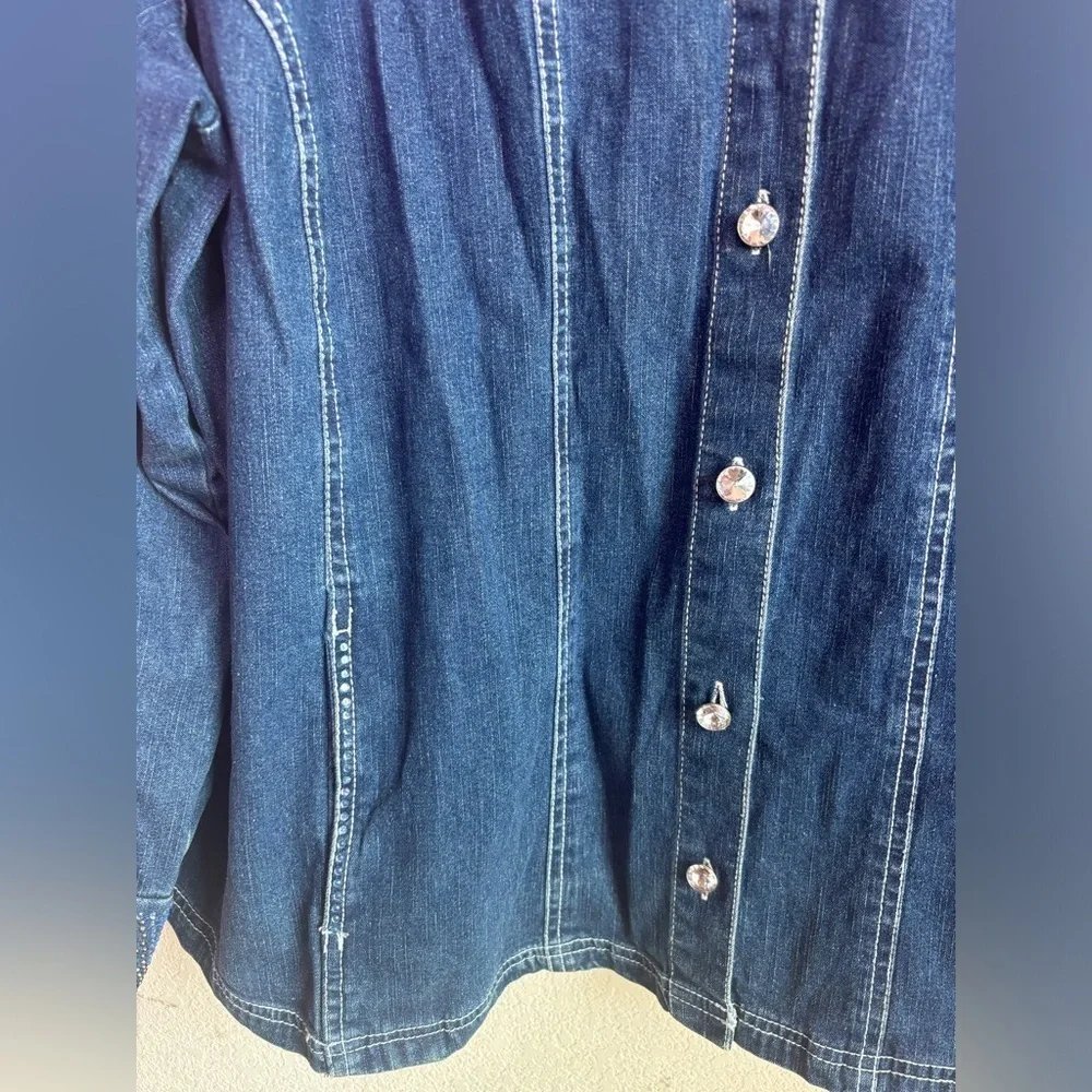 Quacker Factory Dark Blue Denim Rhinestone Embellished Button Front Jacket 3X